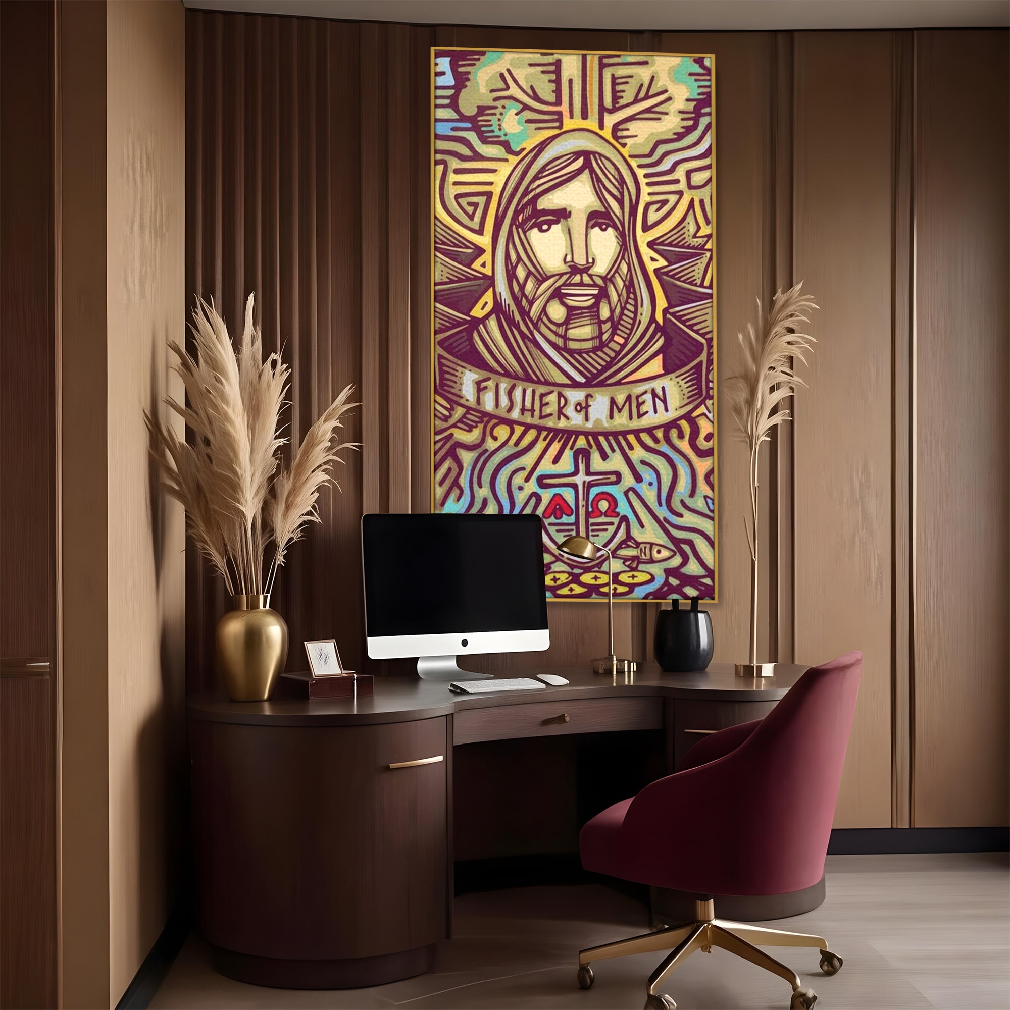 Tablou canvas cu tablou canvas cu portretul lui iisus, in rama de aluminiu auriu, pe perete intr-un birou